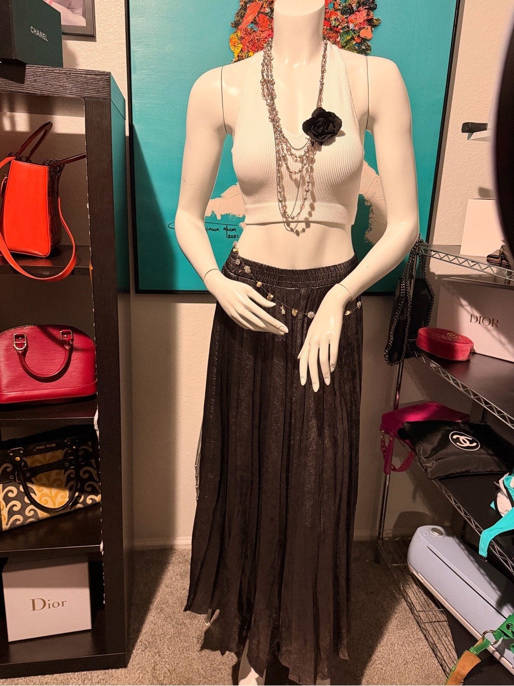 MIRAGE COVERED BAND PLEATED SKIRT-GUNMETAL SHIMMER